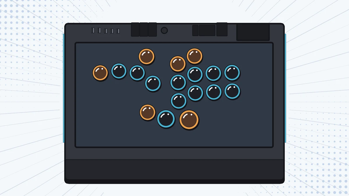 Qanba Sapphire S1の天板で、18個のボタンの位置を示したイラスト。追加の6ボタンは色を変えて区別している