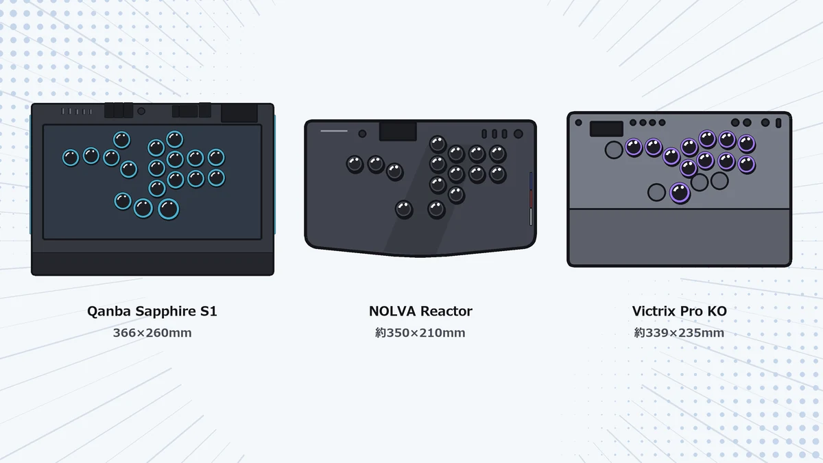 Qanba Sapphire S1・NOLVA Reactor・Victrix Pro KOの天板の大きさとボタン配置を同じ縮尺で並べたイラスト